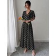 thumbnail image 6 of Womens Black Polka Dot A-Line Maxi Dress V-Neck Button Front Flutter Sleeve, 6 of 6