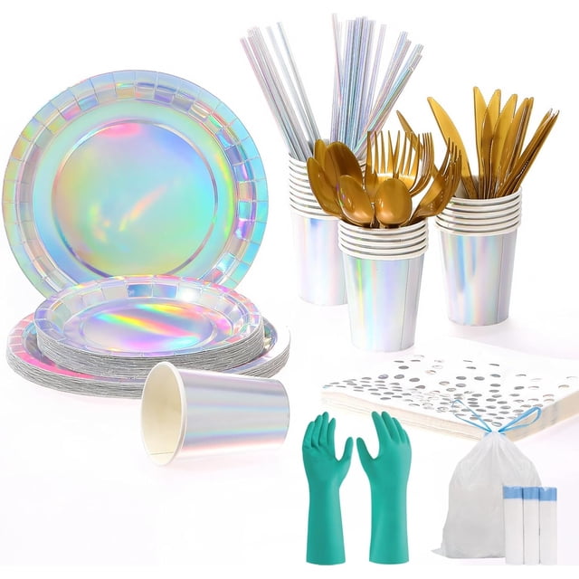 Vajilla Reutilizable para Fiesta, Platos Desechables Elegante con Guantes y Bolsas De Basura con Cordón Juego de Platos Cubiertos