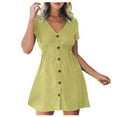 thumbnail image 2 of Dasayo Wear-to-Work Dress Women Yellow Short Sleeve Shirt Dress Mini Solid V Neck Dresses L, 2 of 5