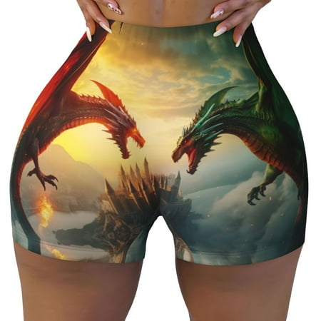 Workout Shorts Women  Castle Red Green Sky Dragon Biker Shorts for Women Running Gym Spandex Shorts Tummy Control