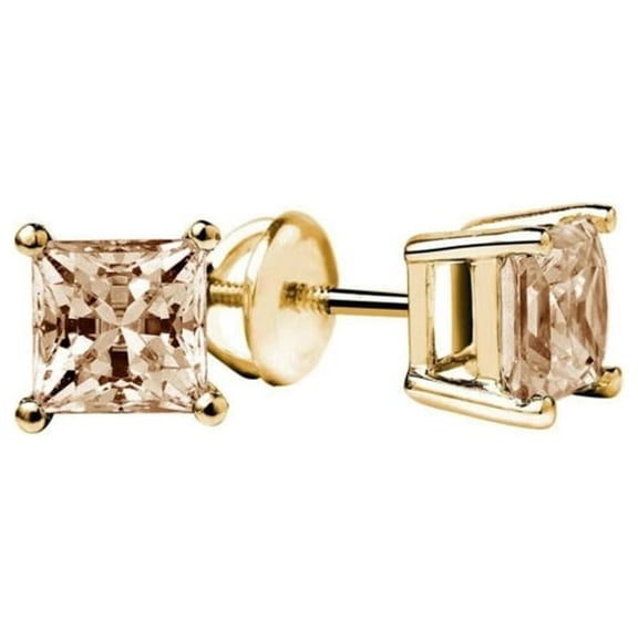 18k Yellow Gold 2 Carat Princess Cut Created Champagne Sapphire Stud Earrings plated