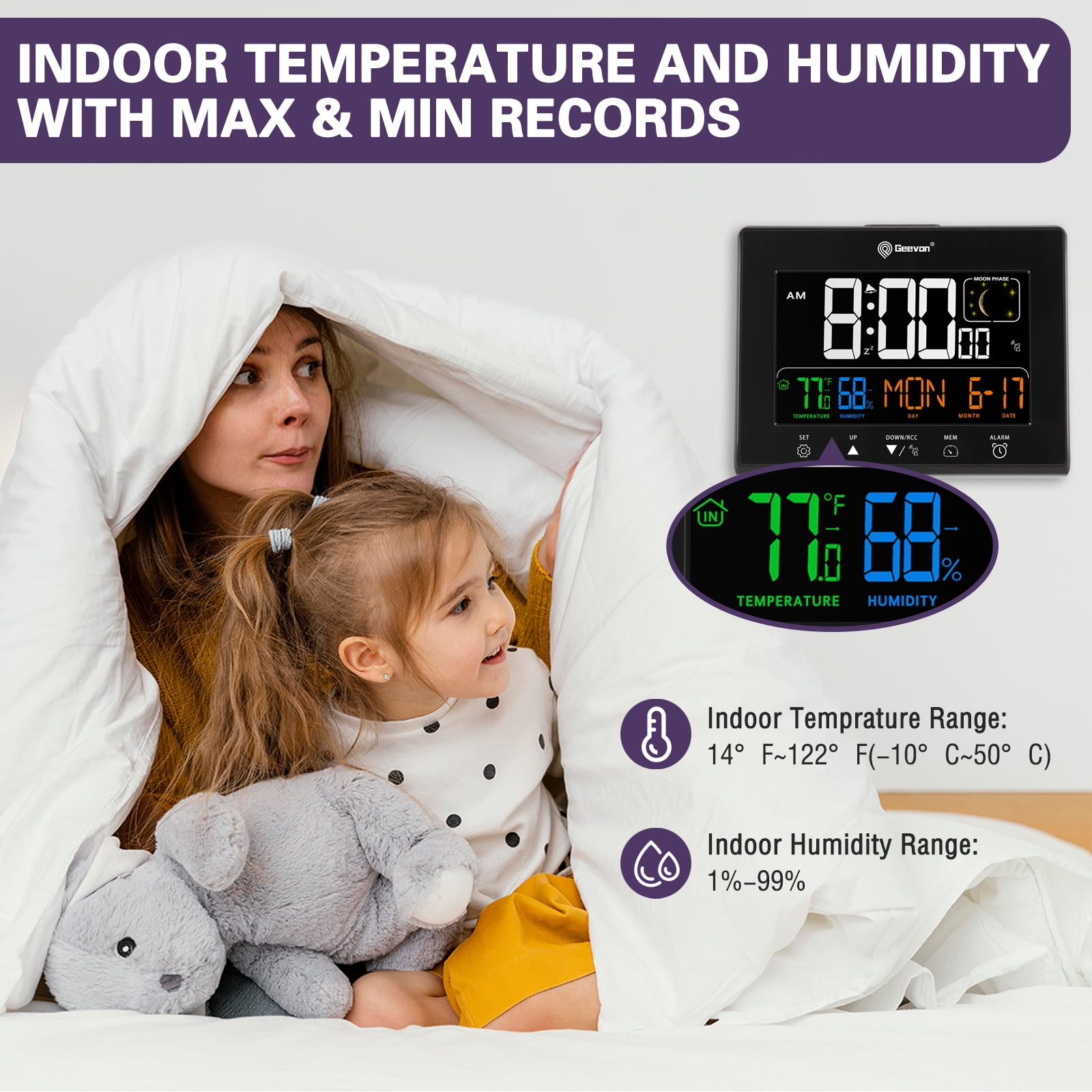 Geevon Digital Atomic Alarm Clocks for Bedrooms with Battery Backup, HD Color Display Atomic Lock with Backlight, 2 USB Ports, Indoor Temperature and Humidity, Moon Phases, Time, and Calendar