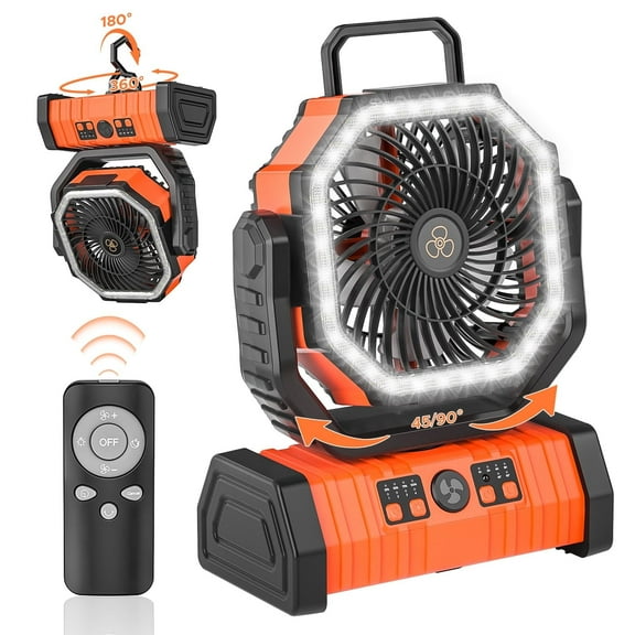 Camping Fan, 20000mAh Rechargeable Battery Operated Outdoor Tent Fan with LED Light & Foldable Hook, 4 Speeds with 270° Rotate Pivot for Camping, Barbecue, kitchen, Fishing, Construction(Orange)
