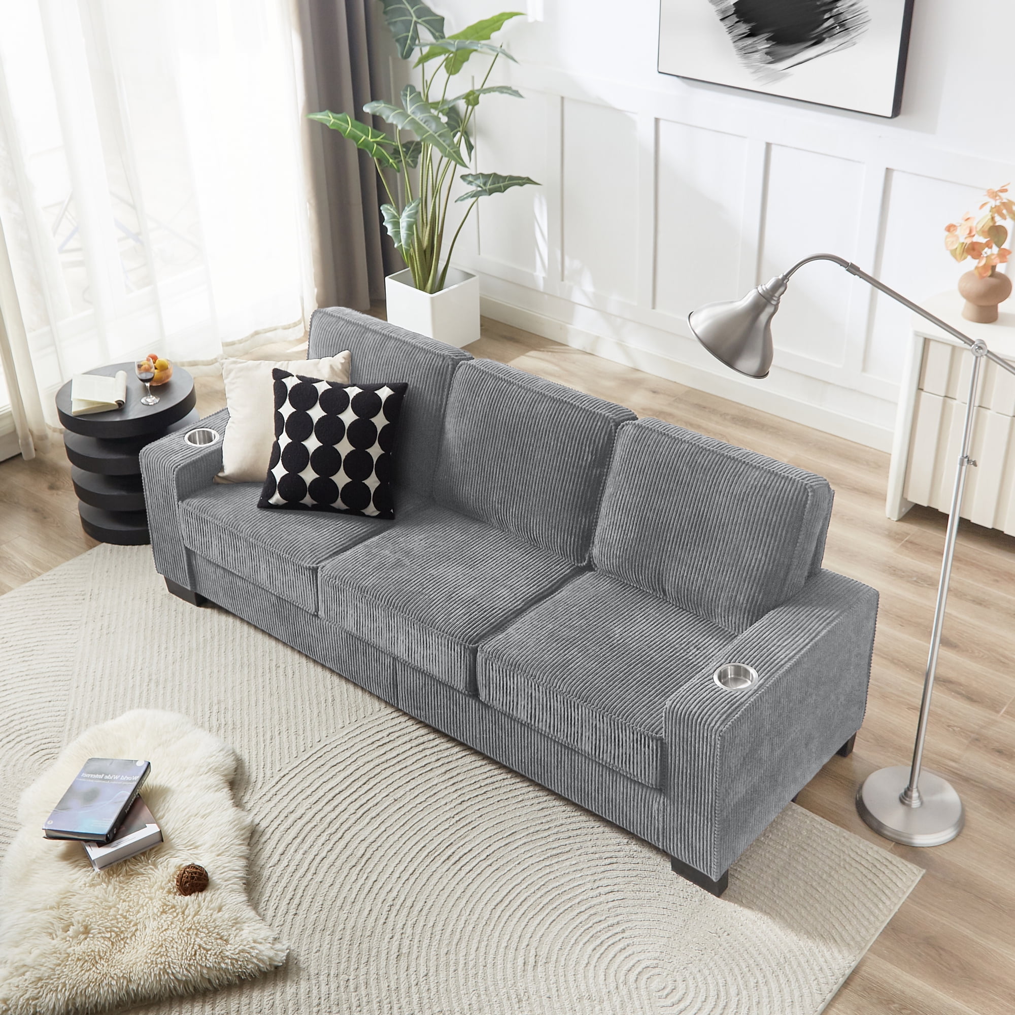 83.86" Large Sofa with Extra Deep Seats,Comfy Corduroy Couch with Cupholders,3 Seater Sofa for Living Room,Bedroom,Office,Gray+Corduroy