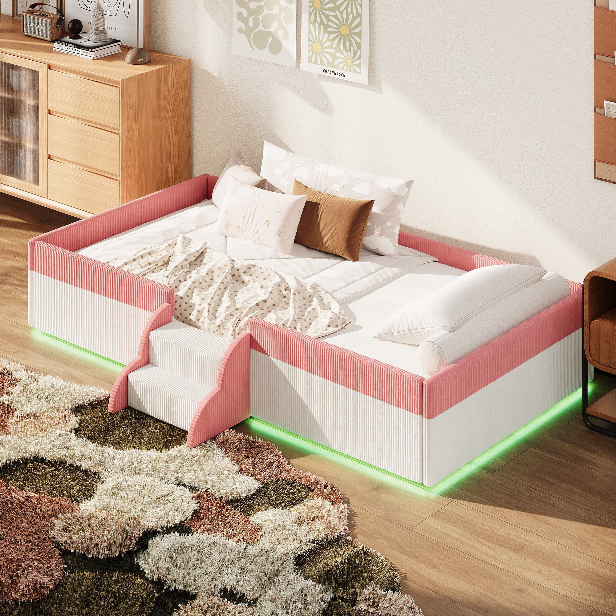 Howcool Twin Size Corduroy Upholstered Floor Bed with Fence and Smart LED Lights,2-Tier Steps Platform Bed Frame,Pink+White