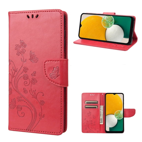 Allytech for Galaxy S24 FE Case Wallet, Galaxy S24 FE Case for Women, PU Leather Butterfly Flower Embossed Shockproof Protective Stand Cards Slots Wallet Case Cover for Samsung Galaxy A06, Red