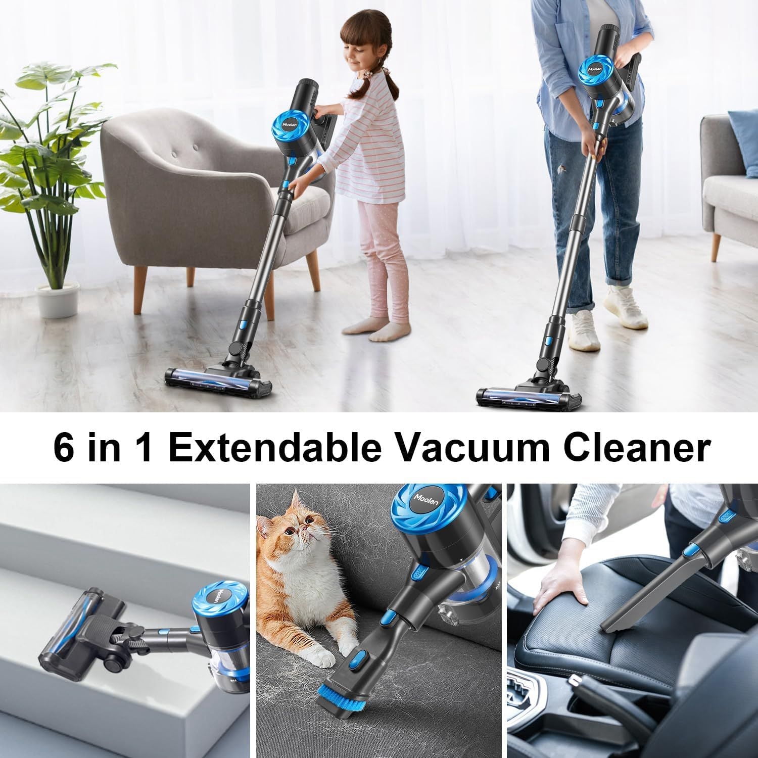 Moolan Cordless Vacuum Cleaner, 380W 28Kpa 50 Mins Vacuum Cleaners for Home, 6 in 1 Stick Cordless Vacuum with LED, Wall Dock, Anti-Tangle Rechargeable Vacuum for Pet Hair Carpet Hardwood Floor