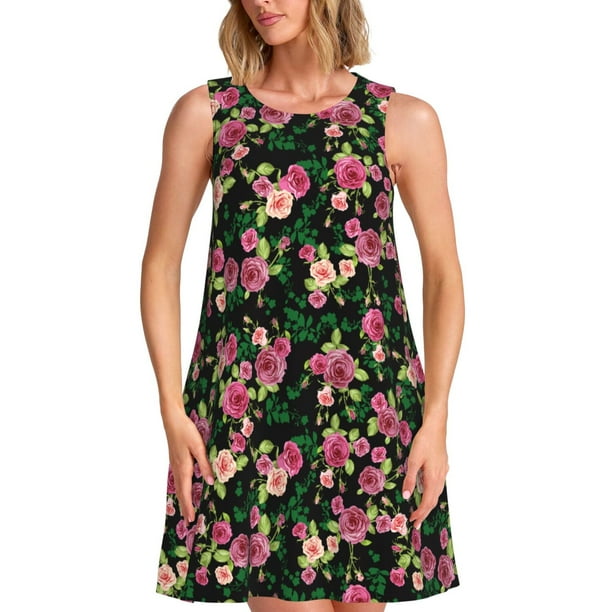 Fotbe Rose Flowers Vestido de Verano sin Mangas para Mujer – Vestido Midi Línea A, Estilo Camiseta Floral, Vestido Playero Casual y Fluido
