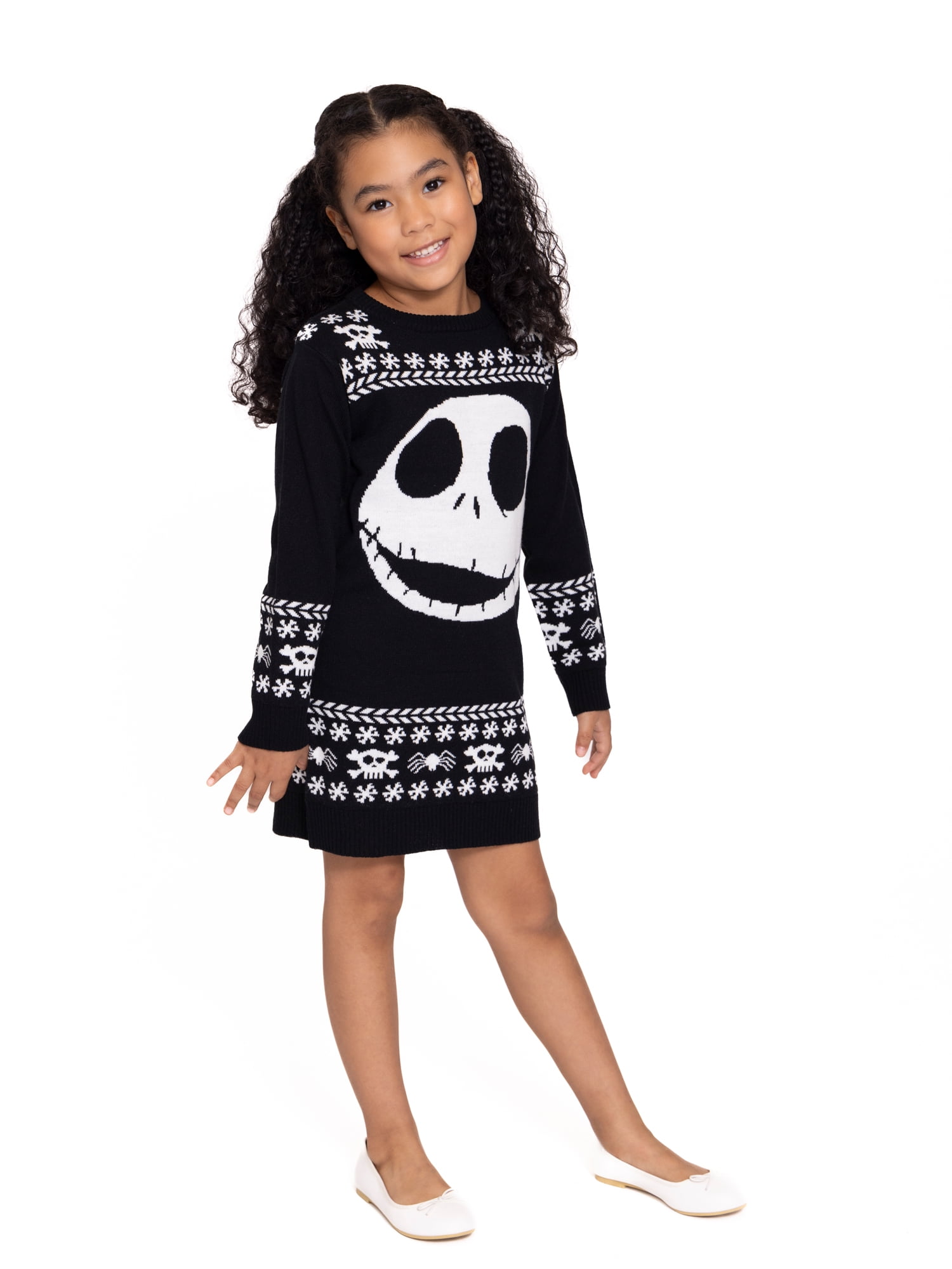 The Nightmare Before Christmas Girls Jack Skellington Holiday Sweater Dress with Long Sleeves, Sizes 4-12