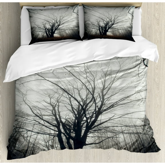 Nature Duvet Cover Set King Size, Vertical Photo of Autumn Tree in Dark Haunted Foggy Mist Mysterious Forest Picture Print, Decorative 3 Piece Bedding Set with 2 Pillow Shams, Grey, by Ambesonne