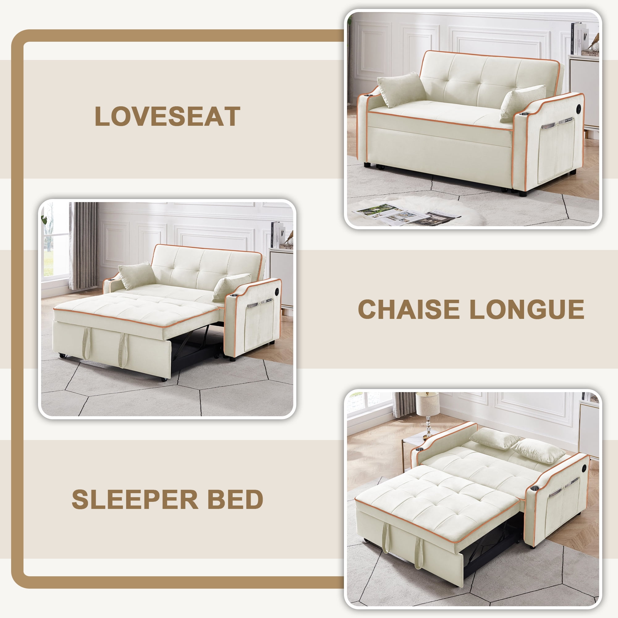 Momspeace Futon Sleeper Sofa Bed with Pull Out Bed, Convertible Sofa Couch Loveseat with Cup Holders and USB Port for Living Room - Cream White