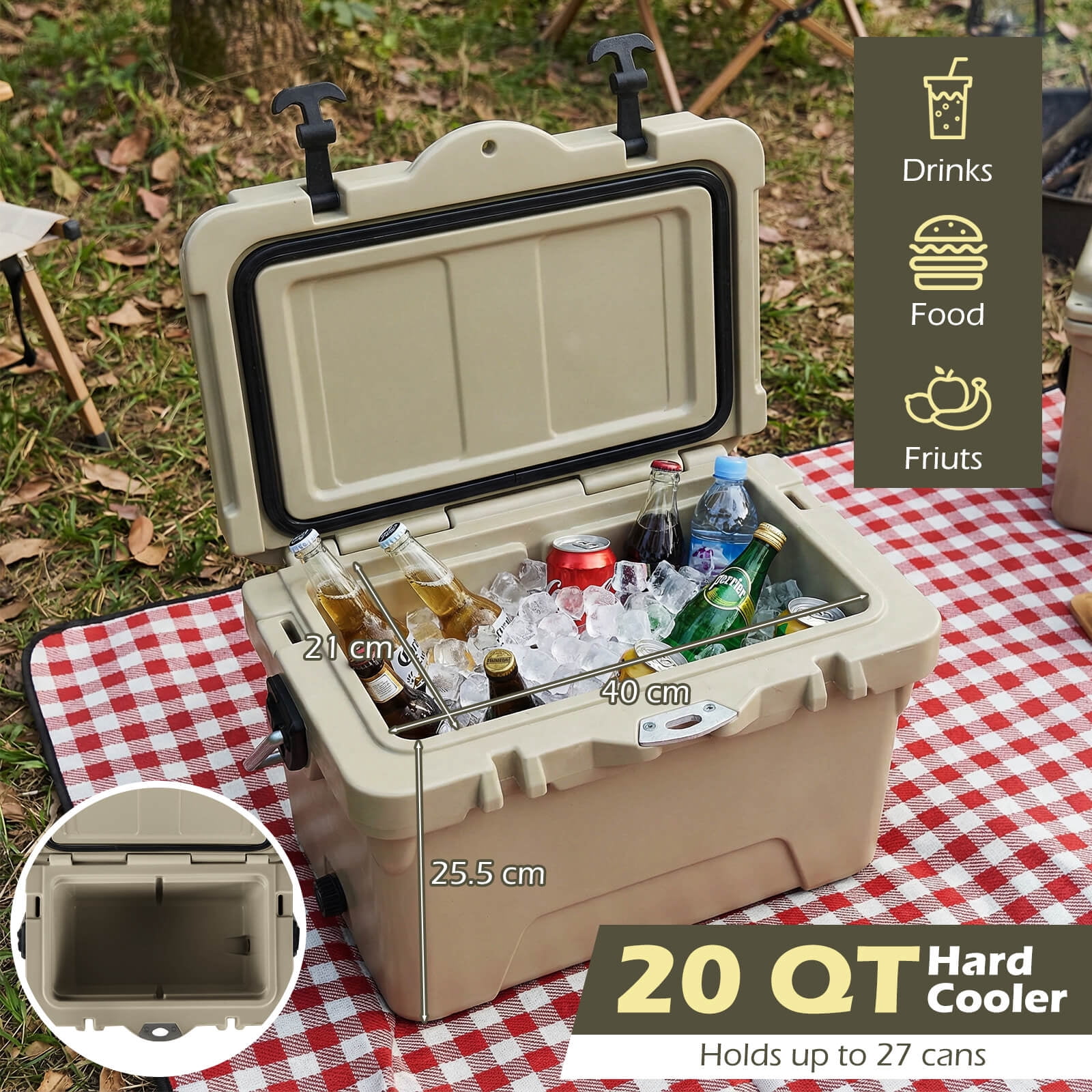 Costway 20 Quart Portable Hard Cooler Insulated Ice Chest Keeps Cool for up to 6 Days Khaki
