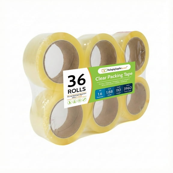 PSBM Clear Acrylic Adhesive Tape 1.6 Mil 2 x 110 Yards 36 Rolls Economy Grade For Packging and Moving