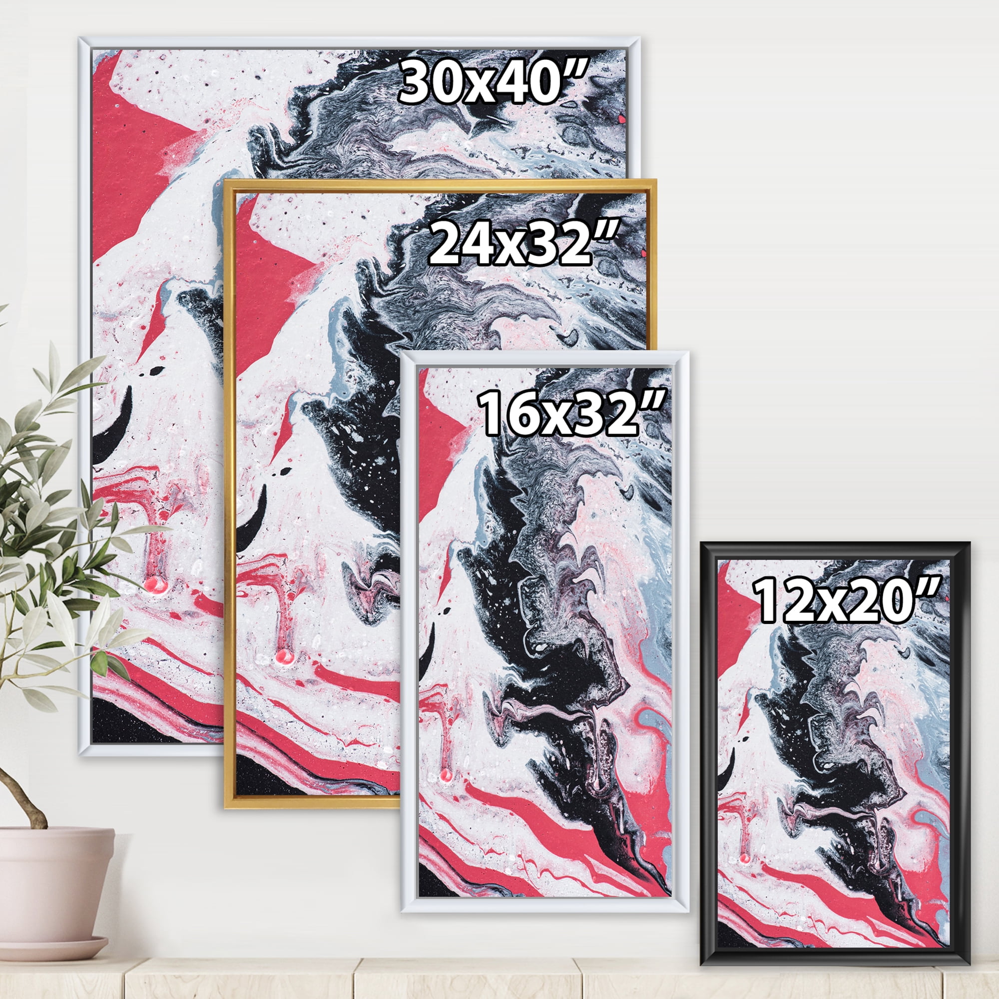 Abstract Marble Composition In Gray and Pink I 12 in x 20 in Framed Painting Canvas Art Print, by Designart