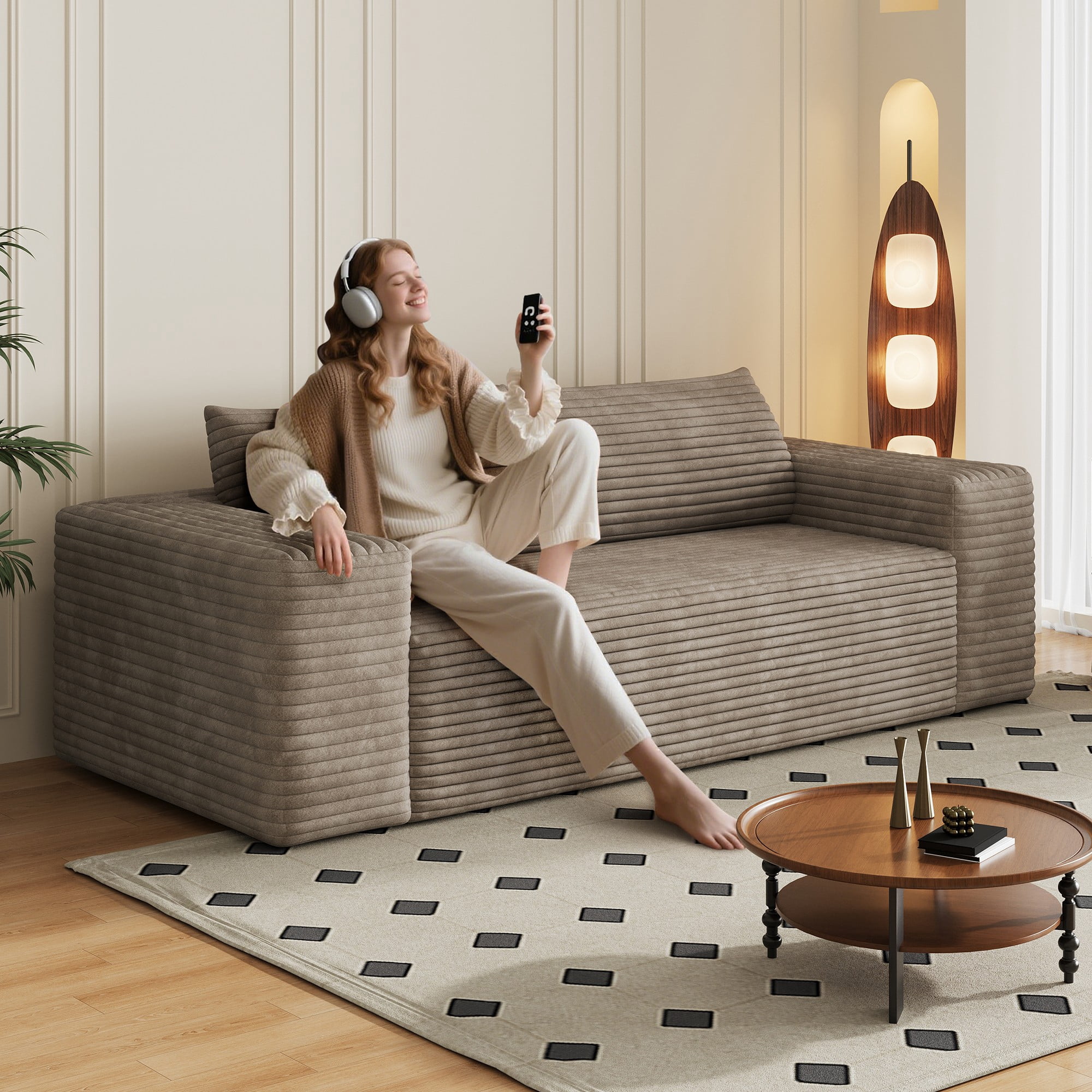 78.8" Corduroy Deep Seat Sofa, No Assembly Comfy Loveseat Couch for Living Room Bedroom Apartment, Camel