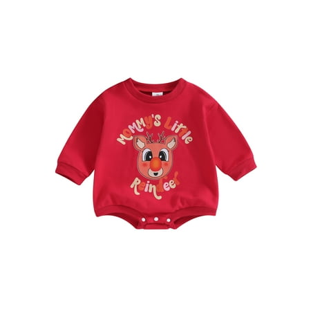 

Canis Cartoon Deer Print Bodysuit Long Sleeve Christmas Baby Romper with Letters