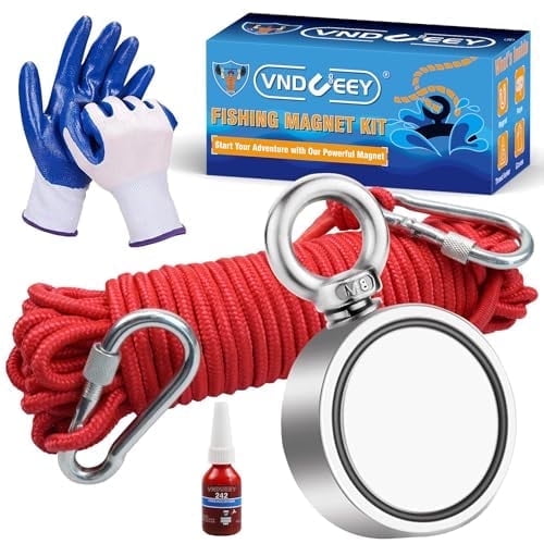Double Sided Fishing Magnet Kit, 750 lbs (340KG) Pulling Force with 65ft Rope and Protective Gloves
