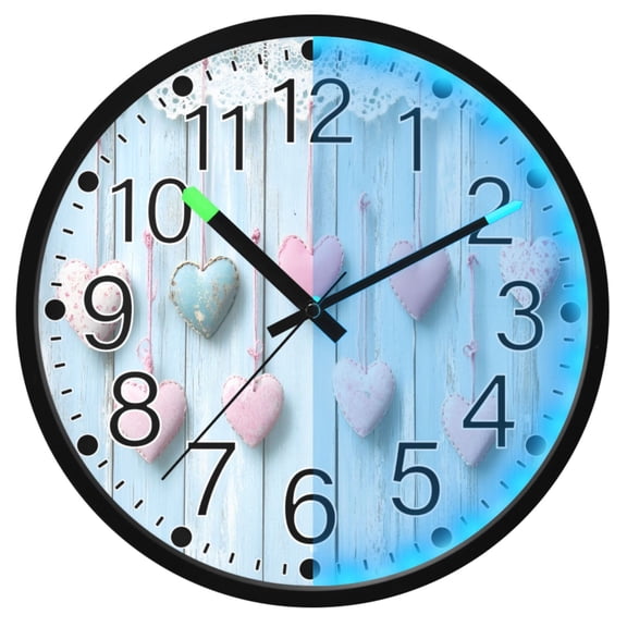Ryvnso Pink Hearts Wooden 12 Inch Night Light Wall Clock Silent Battery Operated Luminous Clocks