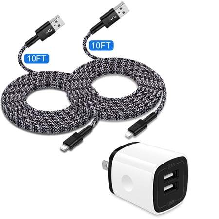 Zacenei iPhone Charger Block,1Pack 2.1A Dual USB Charger Blockw/ 2Pack iPhone Charging Cable 10ft Charger Cords USB Wall Charger Power Adapter Plug Fast Charging Block Compatible for iPhone 14 13 12