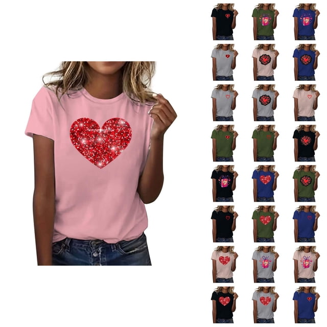 T-shirts de la Saint-Valentin pour Femmes 2026 à la Mode Manches Courtes Col Rond avec Cœur Graphique