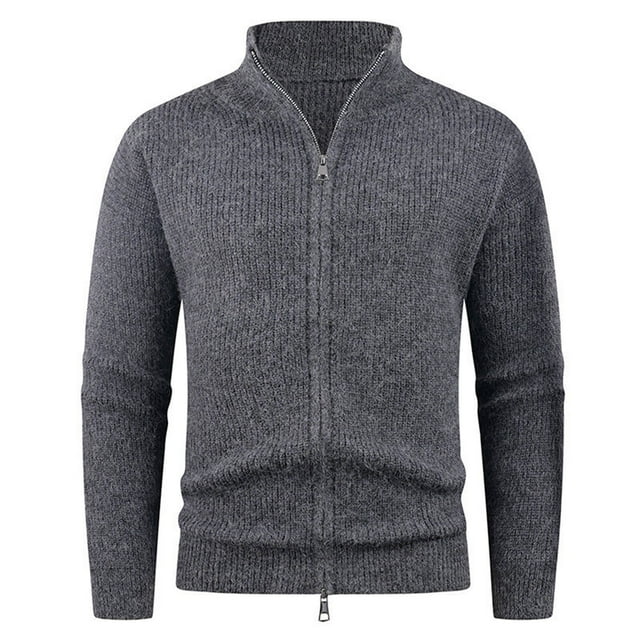 Lovzfmll Men's Knit Cardigan Stand Collar Zip Up Stretch Sweater Dark Gray, L