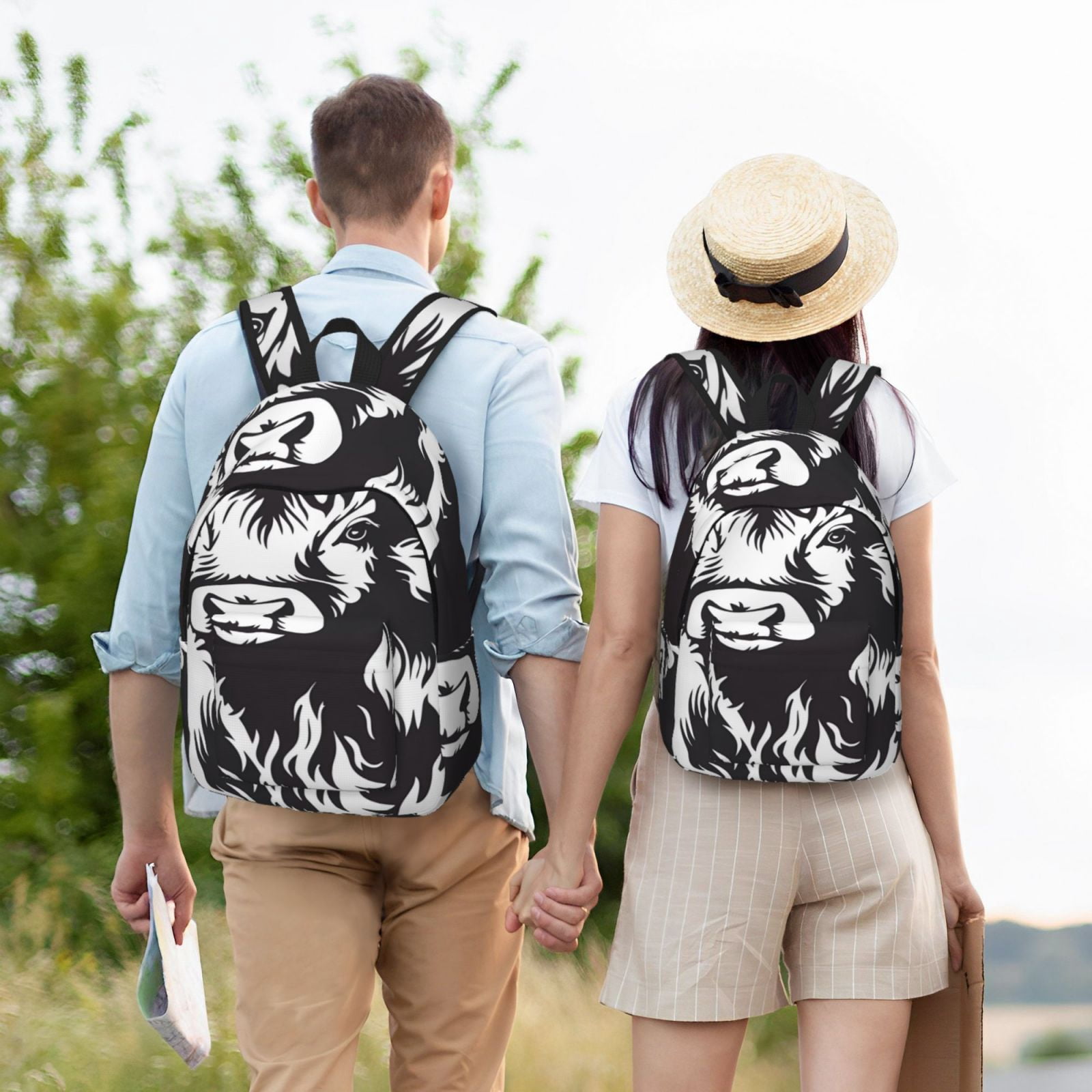 Picia Floral Cow Silhouette Printed Canvas Daypack - Stylish and Durable Vintage Compact Backpack - Class, Work, Travel, or Laptop Bookbag,Organized Compartments-Small