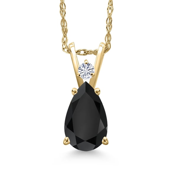 Gem Stone King 14K Yellow Gold Black Onyx and White Moissanite Pendant Necklace for Women | 1.30 Cttw | Gemstone December Birthstone | Pear Shape 9X6MM | With 18 inch Chain