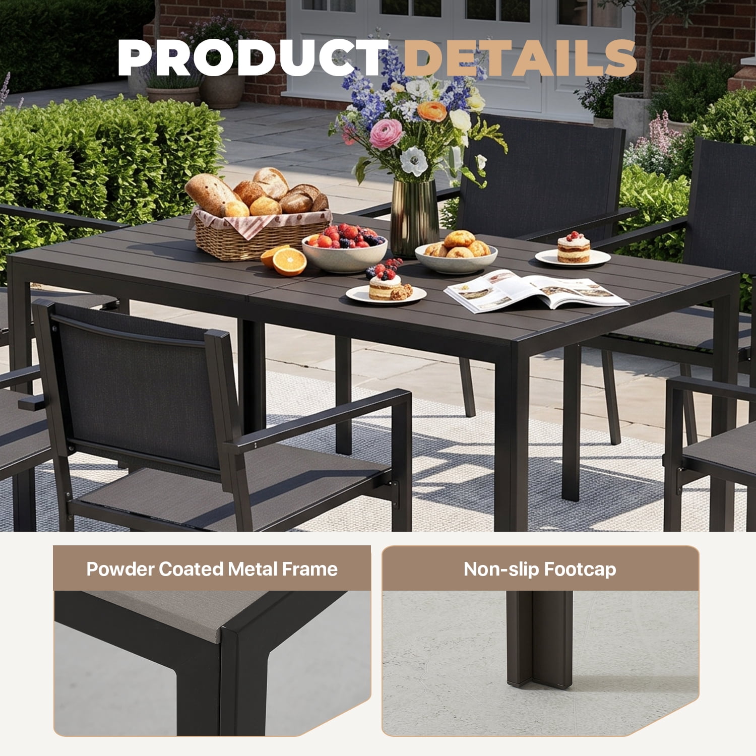 BaPiPro 7-Piece Patio Dining Set, Textilene Outdoor Table and Chairs Set for 6, Weather-Resistant Furniture for Garden, Deck, Backyard, Gray