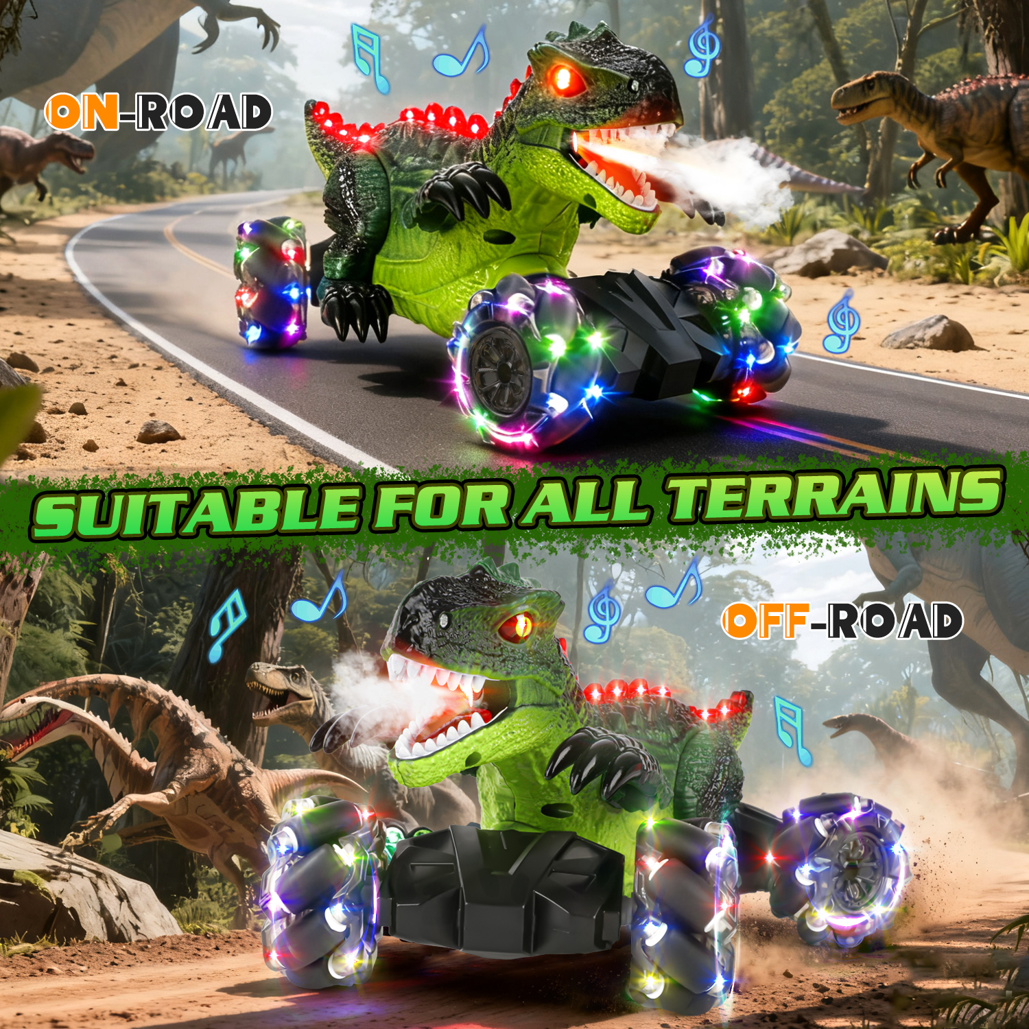 UUSUOO Dinosaur Remote Control Car, 4WD Rechargeable RC Stunt Car with Spray, LED Lights, Music, 360° Rotation, 2.4GHz Remote Control Dinosaur Monster Truck Gift