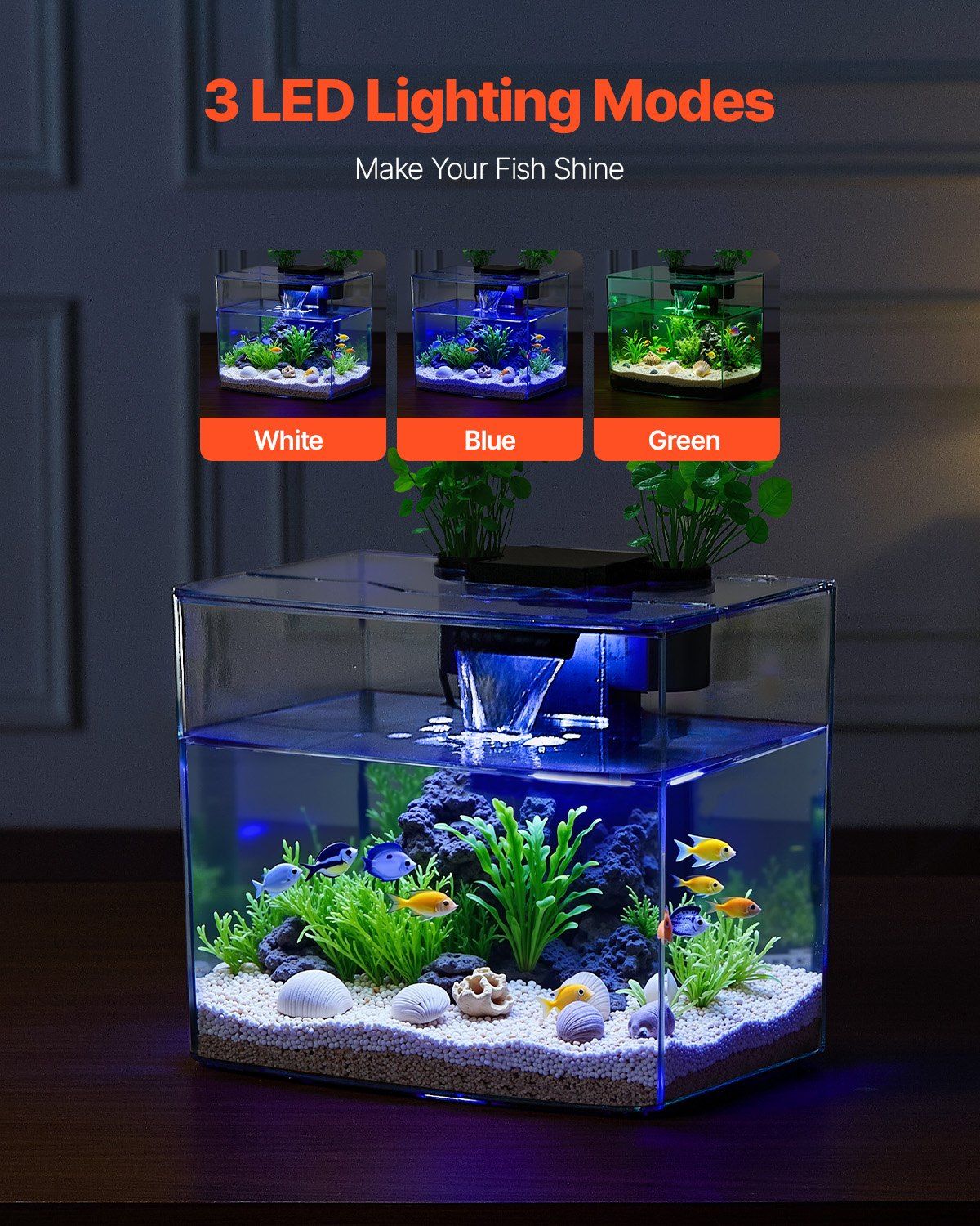 3.5 Gallon Fish Tank Aquarium with Smart Arch Design, Clear HD GPPS Material, 3-Color Adjustable LED Lighting, Self-Cleaning System, Oxygenation, Water Circulation, Hydroponic Plant Tray