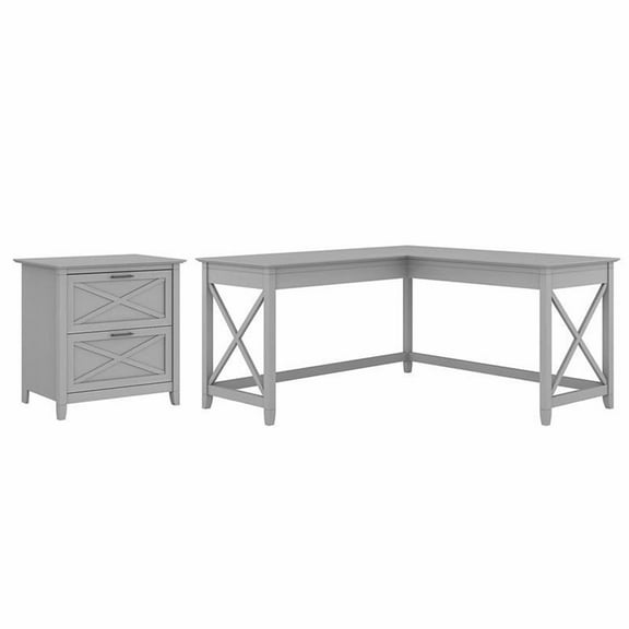 Pemberly Row Engineered Wood L Desk with Lateral File Cabinet in Gray