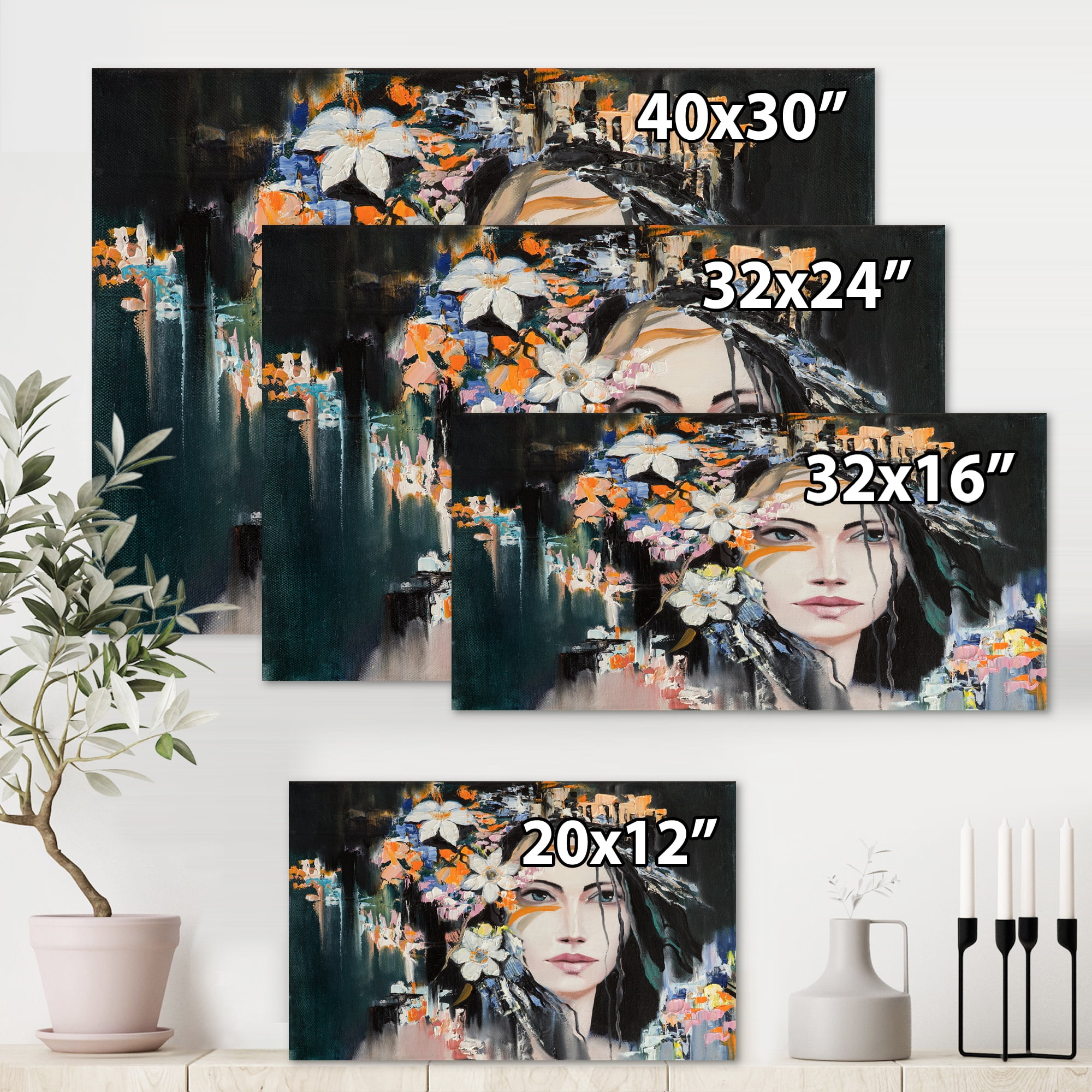 Designart ' Portrait Of A Young Woman With Flowers I ' Modern Canvas Wall Art Print