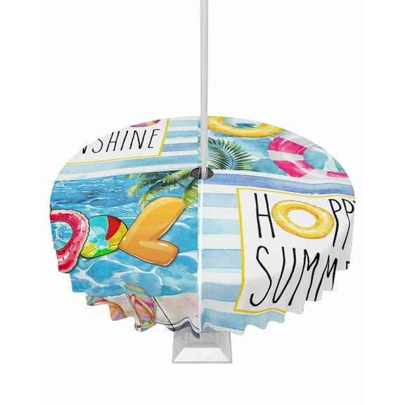 Fsddascl Summer Blue Pool Outdoor Tablecloth - 54 Inch Round Dining Table Cover, Swimming Ring Slippers Retro Striped Waterproof Outdoor Table Cloth with Umbrella Hole & Zipper for Picnic/Patio
