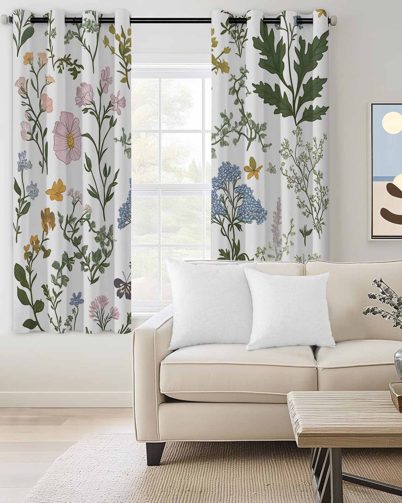 Colored Plant Blackout Curtains for Bedroom Living Room, Flowers Leaf Butterfly 39 In Long Thermal Insulated Room Darkening Drapes Grommet Window Treatments, 27.5 x 39 In