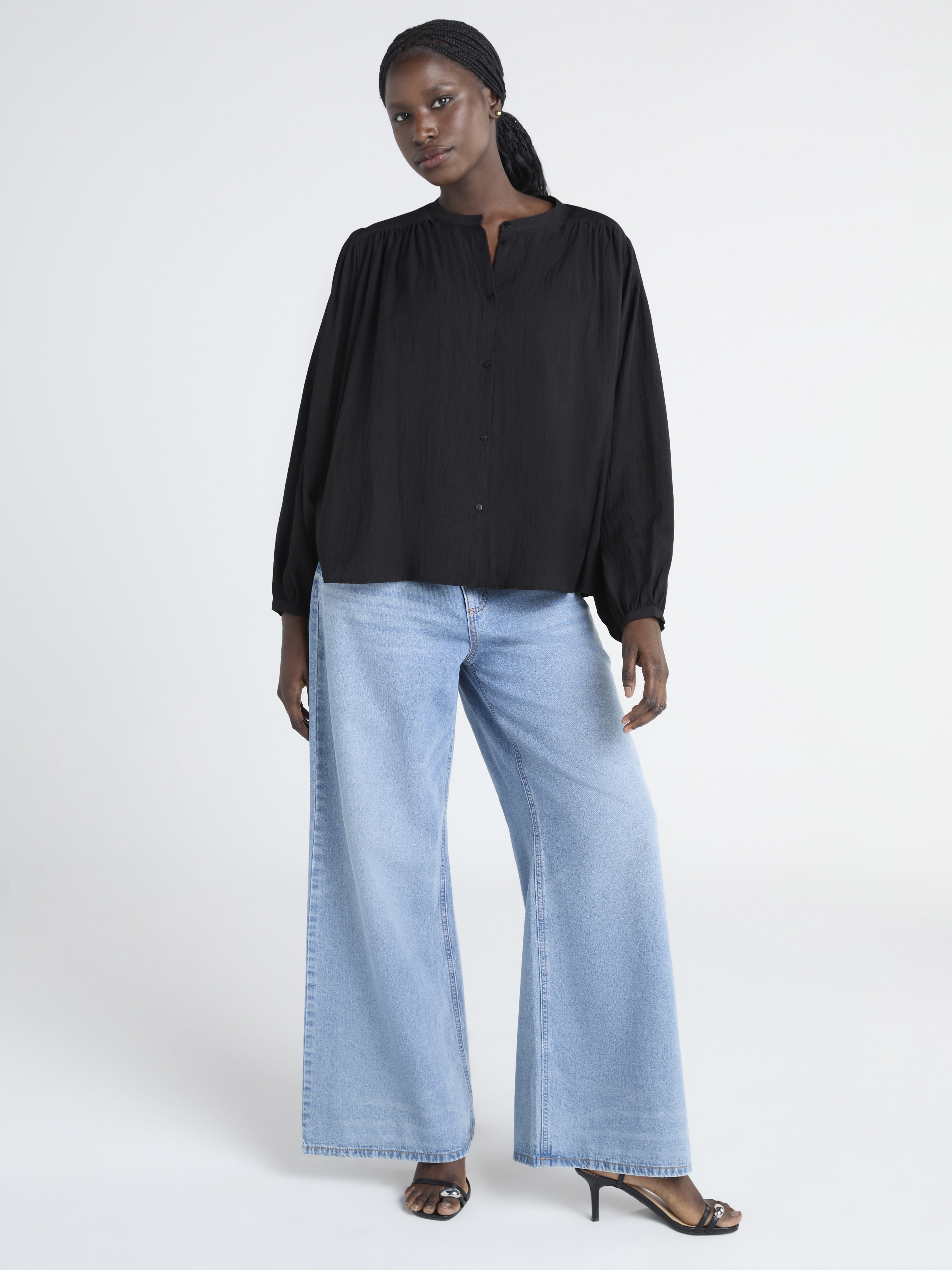 Scoop Women's Crinkle Gauze Blouson Shirt with Long Sleeves Sizes