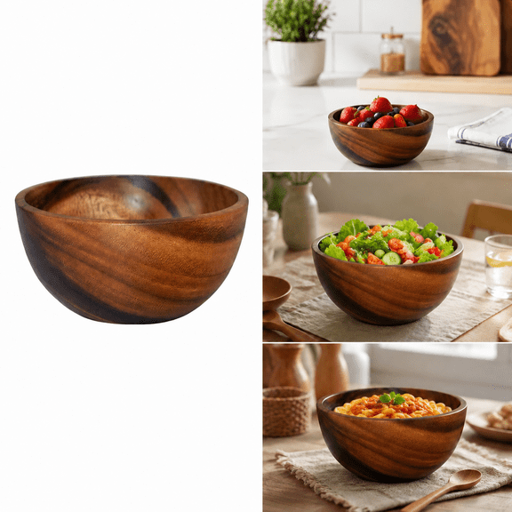 Liujiale Wood, Household Round Wooden Fruit Salad Bowl Dinnerware Basin Container Kitchen Tool, 1*Wooden Bowl Brown