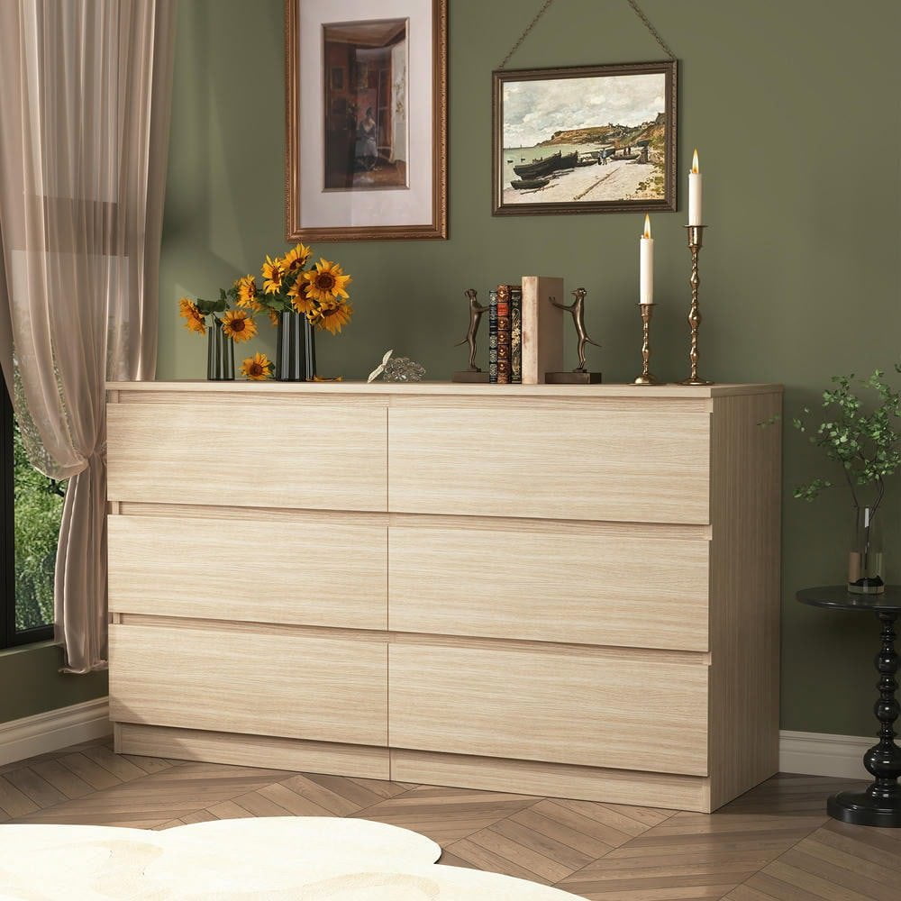 Resenkos 6-Drawer Dresser, Light Woodgrain Chest, Spacious Storage, 150lb Top Capacity, Smooth Metal Slides, Brown