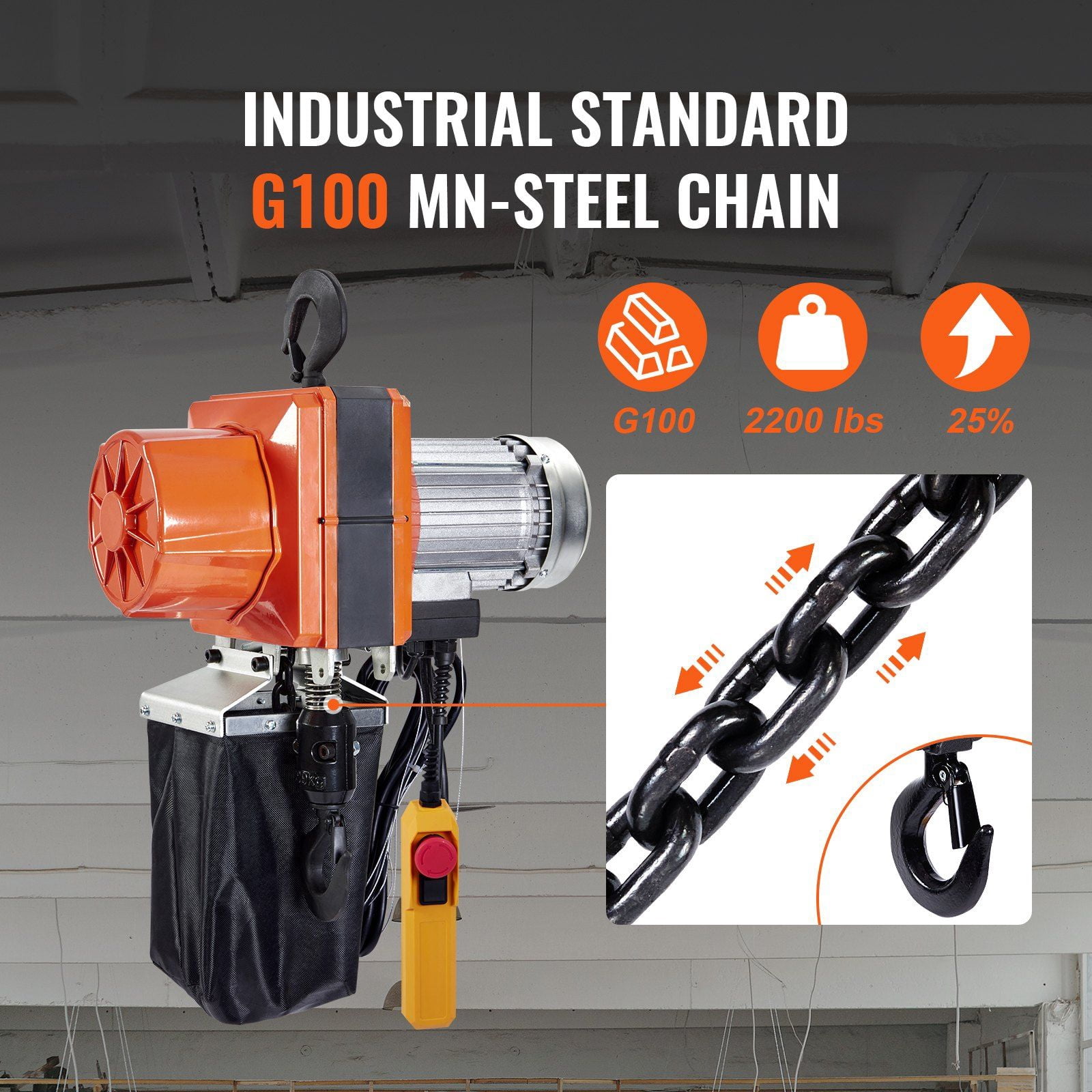 HCY Electric Chain Hoist, 2200 lbs/1 ton Capacity, 10 ft Lifting Height, 10 ft/min Speed, 120V, Single Phase Overhead Crane with G100 Chain, 10 ft Wired Remote Control for Garage, Shop, Hotel, Home