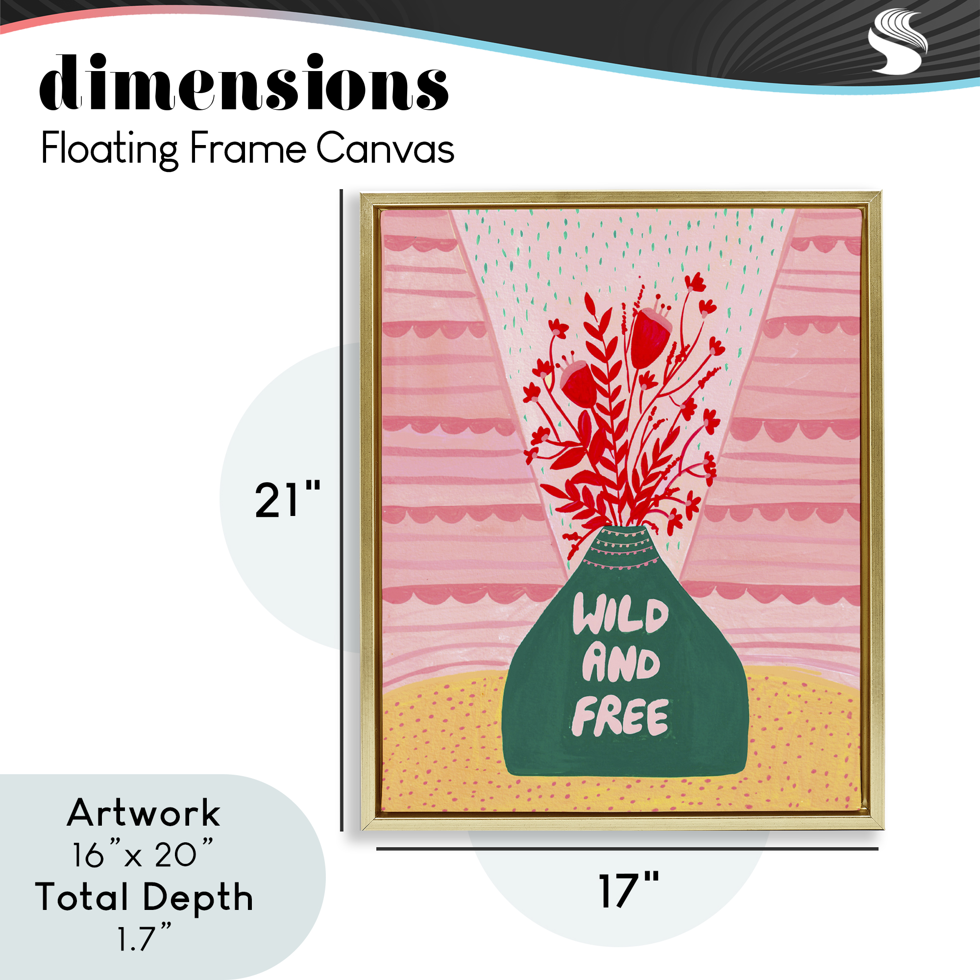 Midcentury Wild And Free Gold Framed Floater Canvas Wall Art, design by Nabeela Rumi