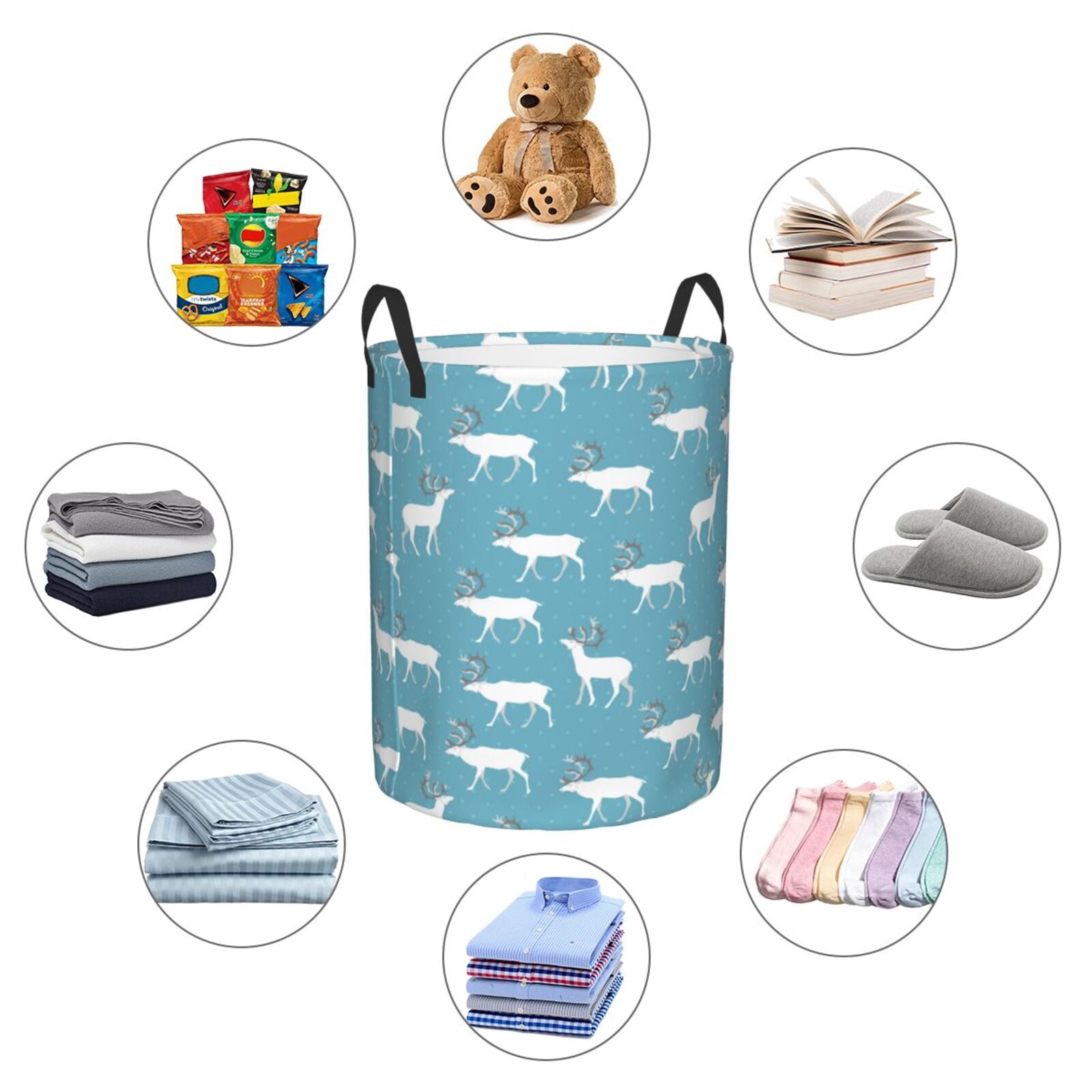 Large Laundry Basket with Handles - reindeer winter christmas blue Kids Baby Dirty Clothes Laundry Hamper for Bedroom Aesthetic