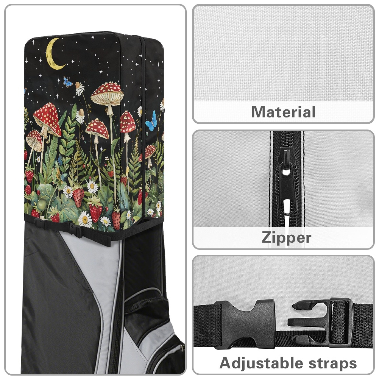 Yuyamidu Aesthetic Mushroom Golf Bag Cover Butterfly Golf Bag Umbrella for Clubs with Snap Button Dust and Sun Protection Fit Most Club Bags
