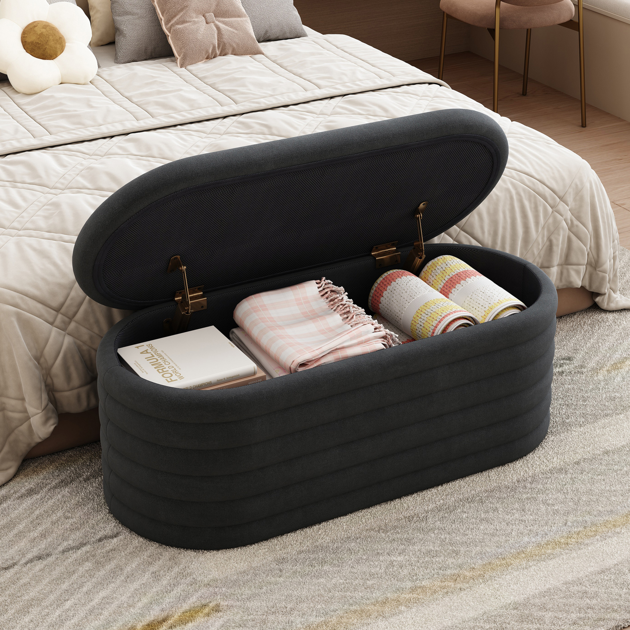 Noble House 40" Chenille Storage Ottoman Bench, Upholstered Flip-Top with Hinge, for Bedroom, Living Room, Black