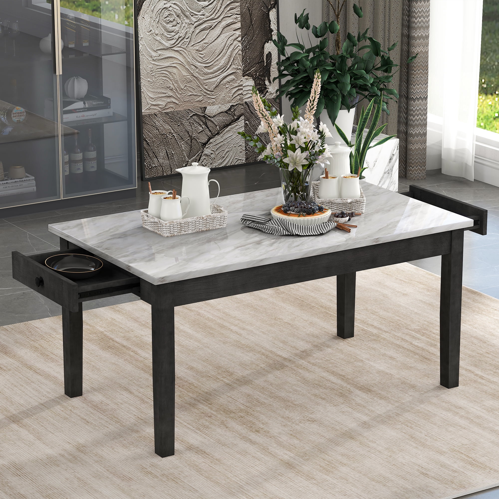 Clearance! 7-piece Dining Table with 2 drawers, table :59.7