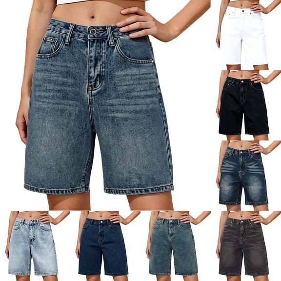 Yertdoel Jean Shorts Womens High Waisted Loose Fit Casual Denim Bermuda Shorts Solid Color Summer Fashion Cozy Knee Length Jorts with Pockets