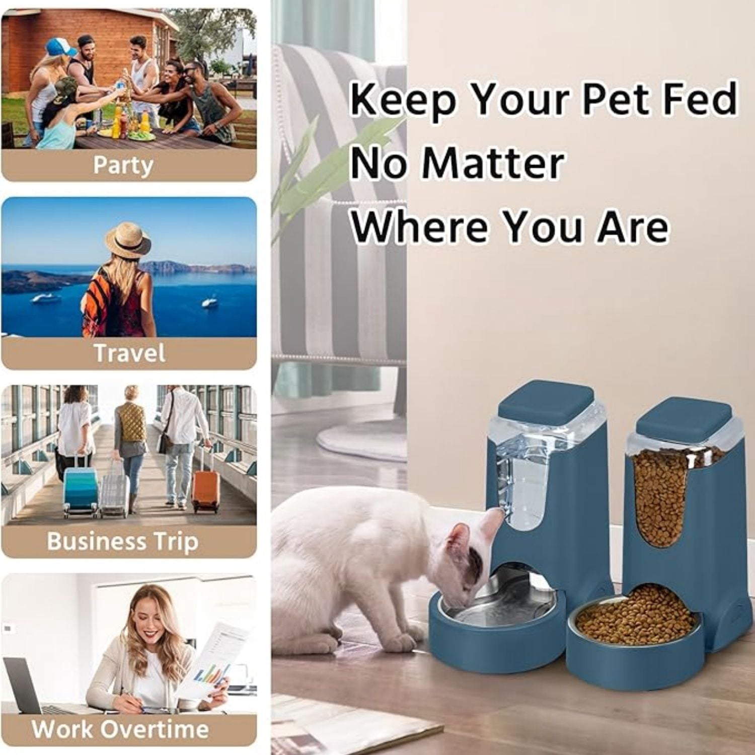 2 Pack Automatic Cat Feeder and Dog Food Feeder, Gravity Stainless Steel Water Dispenser and Waterer Set for Small Medium Puppy Kitten Pets (1 Gallon x 2, Navy Blue)