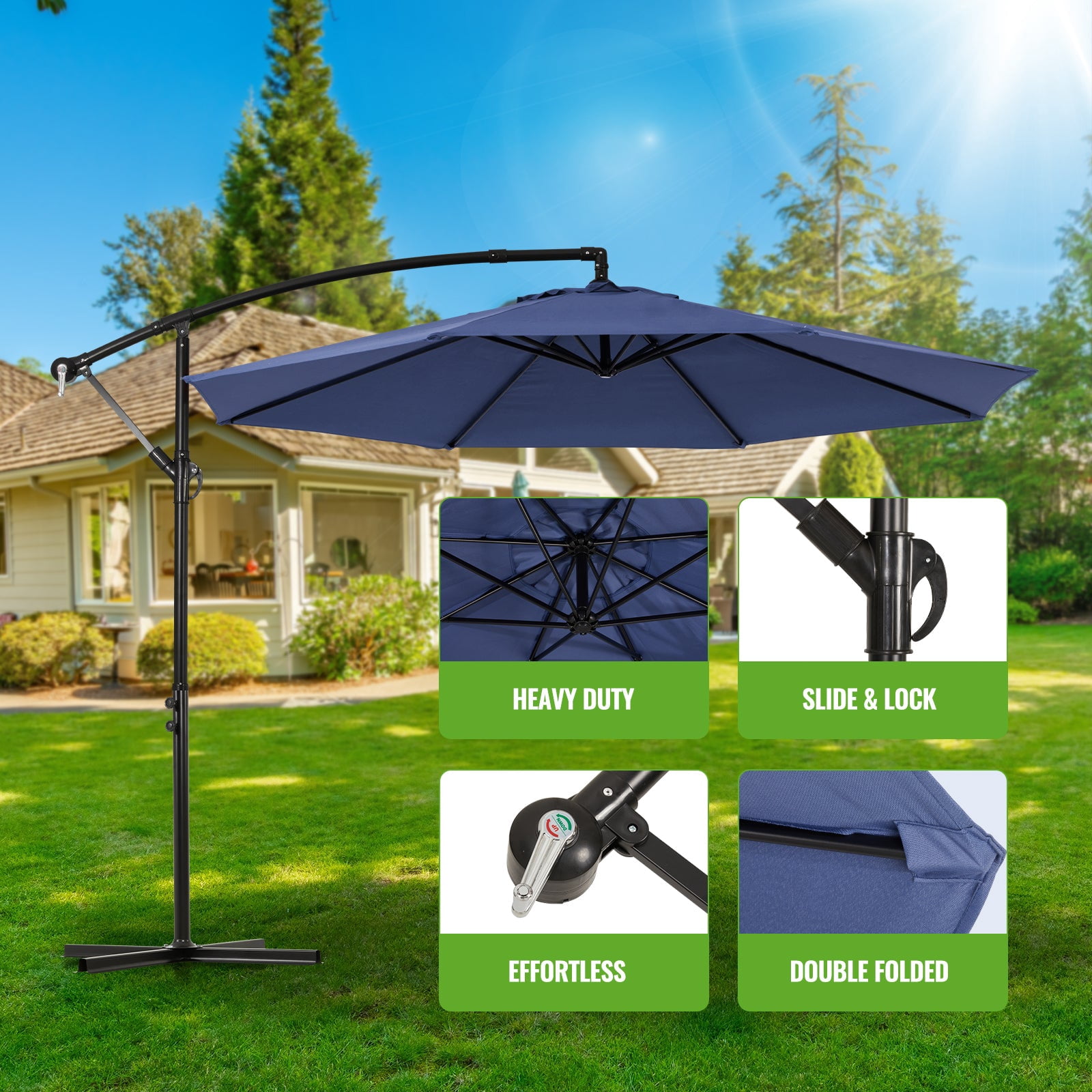 Backyard Expressions 10ft Offset Hanging Patio Umbrella with Crank Lift & Tilt, Outdoor Market Umbrella with UV-Resistant Canopy, Cross Base, and Air Vent for Backyard, Deck, Poolside, or Garden