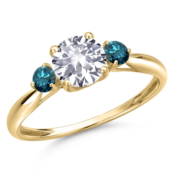 Gem Stone King 10K Yellow Gold White Created Sapphire and Blue Diamond 3-Stone Ring for Women | 1.20 Cttw | Round 6MM | Gemstone September Birthstone | Size 7