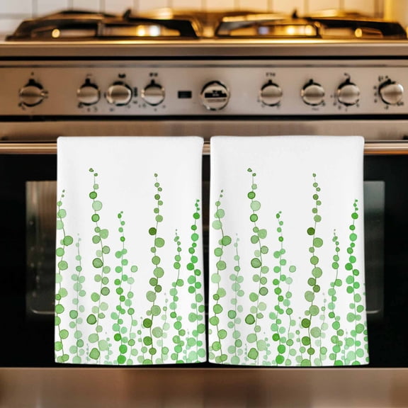 Green Polka Dots Kitchen Towels Set of 2, Watercolor Abstract Art Absorbent Dish Towels for Kitchen, Microfiber Hand Towel, Quick Drying Tea Towel for Cleaning Decorative Dishcloths