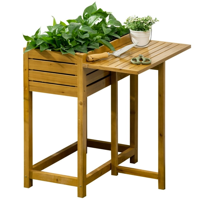 Outsunny Jardinière Surélevée en Bois avec Table d'Appoint Pliante