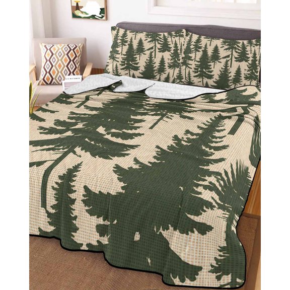 Twin Quilt Bedding Set, Green Christmas Tree Seamless Lightweight Coverlet Summer Comforter Set Soft Microfiber Bedspread, Vintage Beige 3 Piece Quilt Set with 2 Pillow Shams